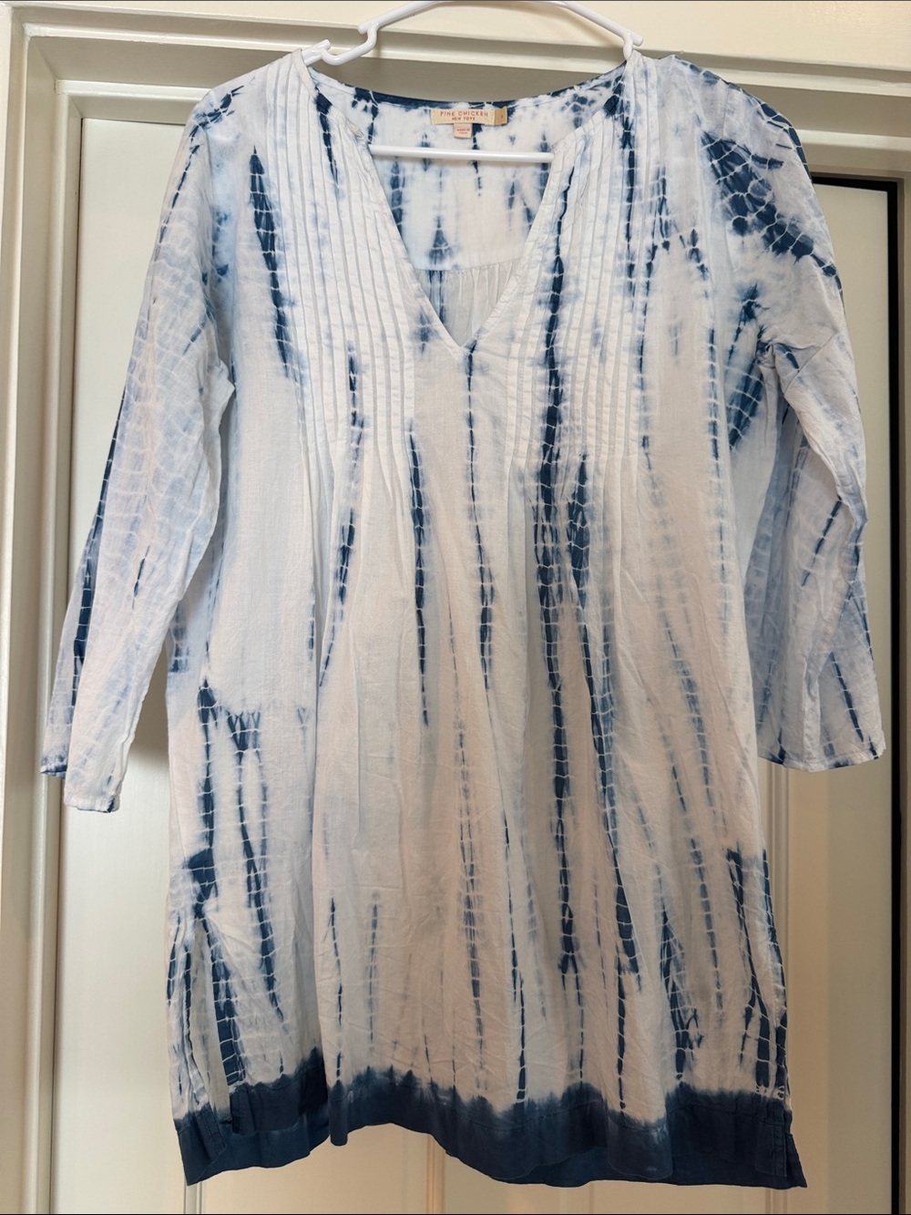 Pink Chicken White and Navy Tie-Dye Tunic/ Beach Cover Up with Side Slits